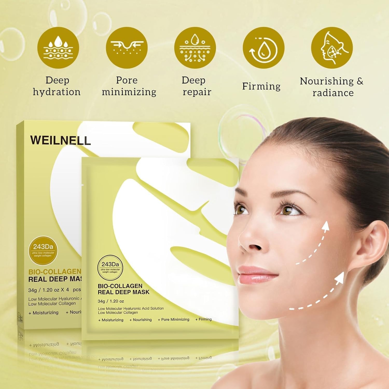 Bio-Collagen Real Deep Mask 34Gx17Ea, Deep Collagen Anti-Wrinkle Lifting Overnight Mask, Hydrating Hydrogel Mask with Low Molecular Weight Collagen - Pore Minimizing, Elasticity, Firming, Moisturizing