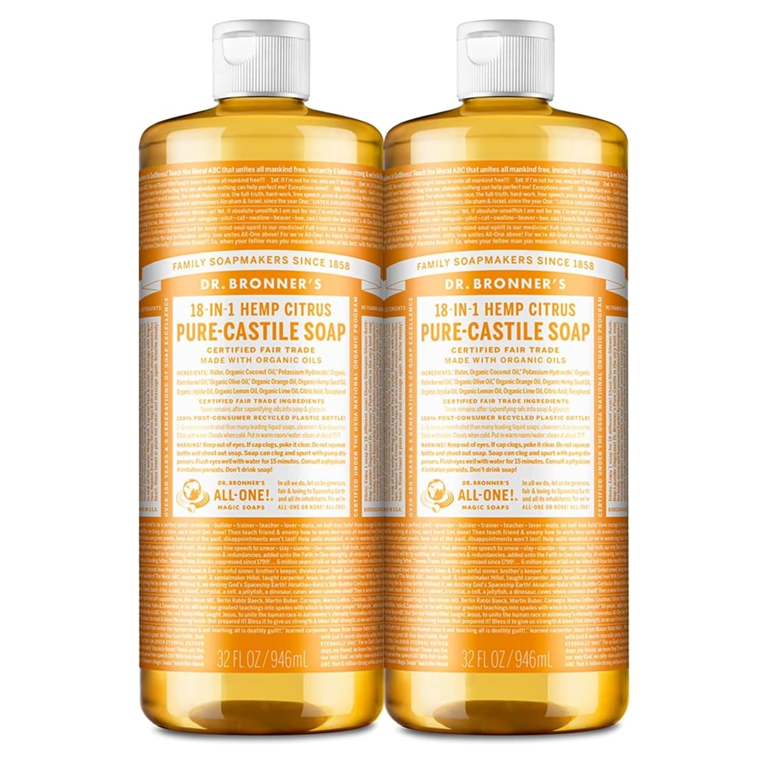 - Pure-Castile Liquid Soap (Citrus, 32 Ounce, 2-Pack) - Made with Organic Oils, 18-In-1 Uses: Face, Body, Hair, Laundry, Pets and Dishes, Concentrated, Vegan, Non-Gmo