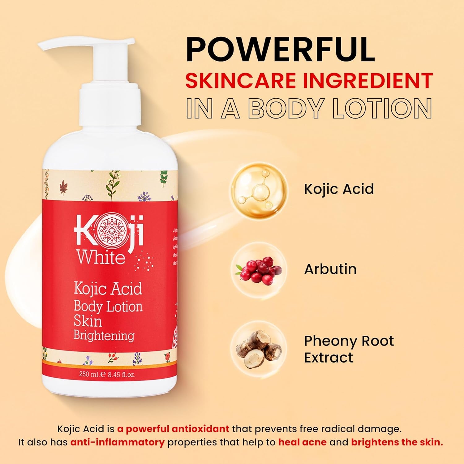 Kojic Acid Skin Brightening Body Lotion - Body Moisturizer & Skin Firming for Women, Boost Hydrating, Sun Damage Skin, Uneven Skin Tone, Paraben-Free, Vegan, 8.45 Fl Oz Bottle